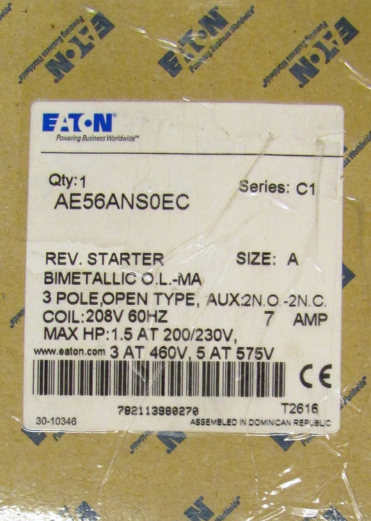 EATON CUTLER HAMMER Size A Reversing Starter 7 Amp 208V AE56ANS0EC 