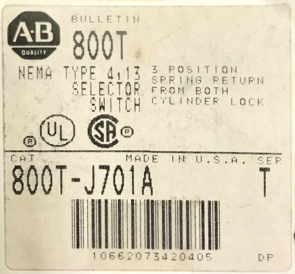 ALLEN BRADLEY 800T J701A 3 Position Spring Return Left + Right NO Keys