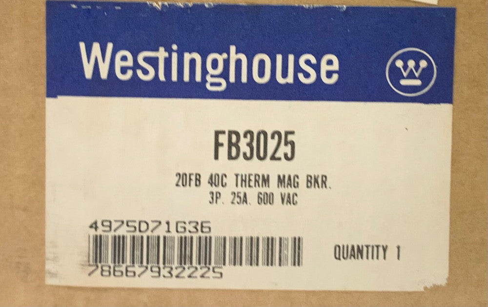 WESTINGHOUSE CUTLER HAMMER FB3025 3 Pole 25 AMP Type FB 600 VAC 4975D71G36
