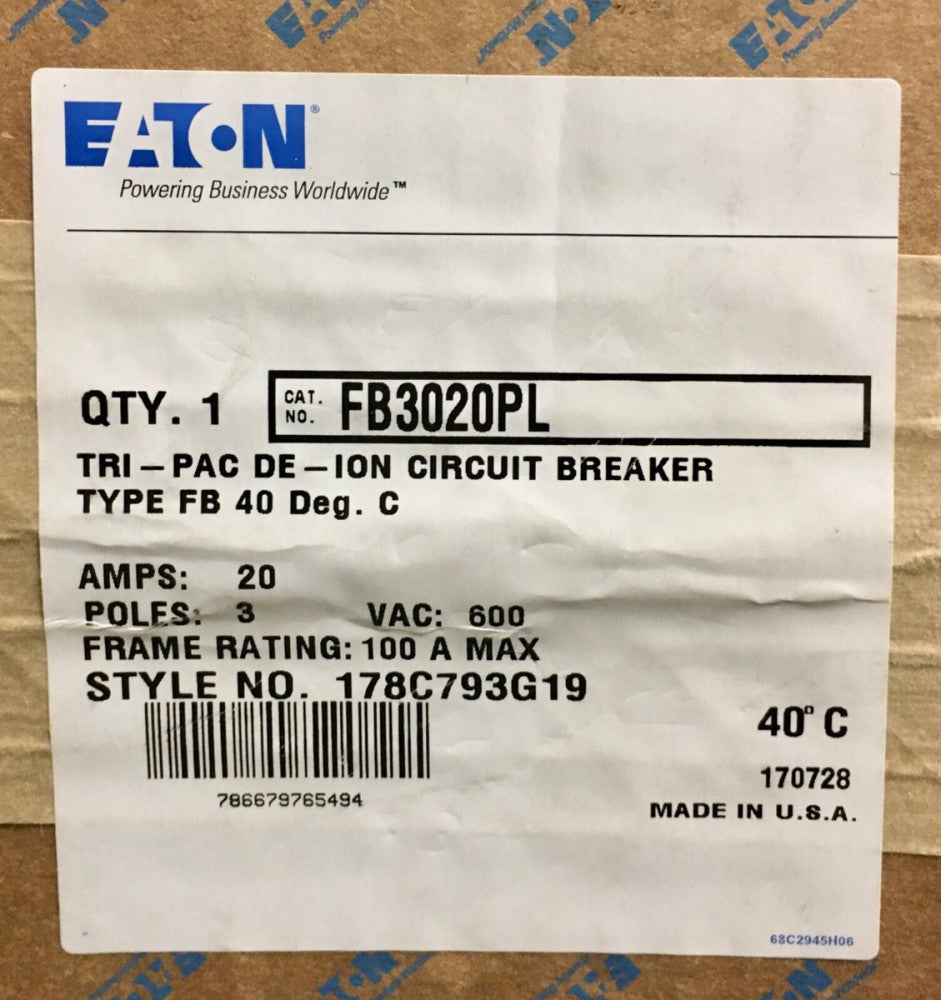 EATON CUTLER HAMMER WESTINGHOUSE FB3020PL 3 Pole 15 AMP Type FB Circuit Breaker