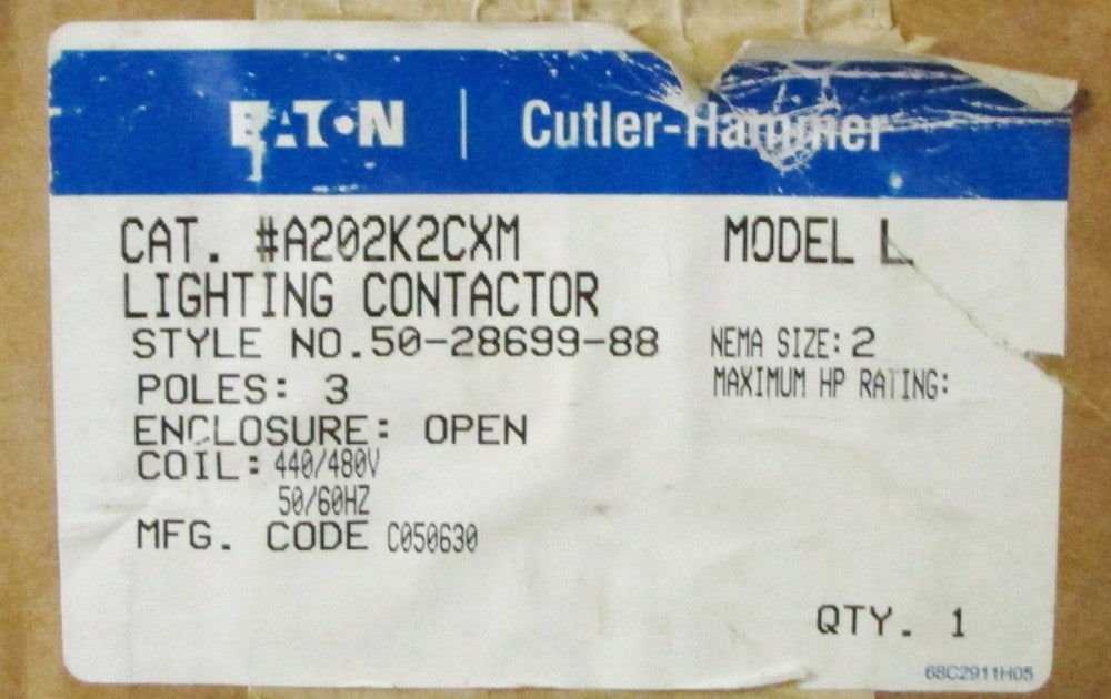 EATON CUTLER HAMMER Model L Size 2 Lighting Contactor 3 Pole 440/480V A202K2CXM