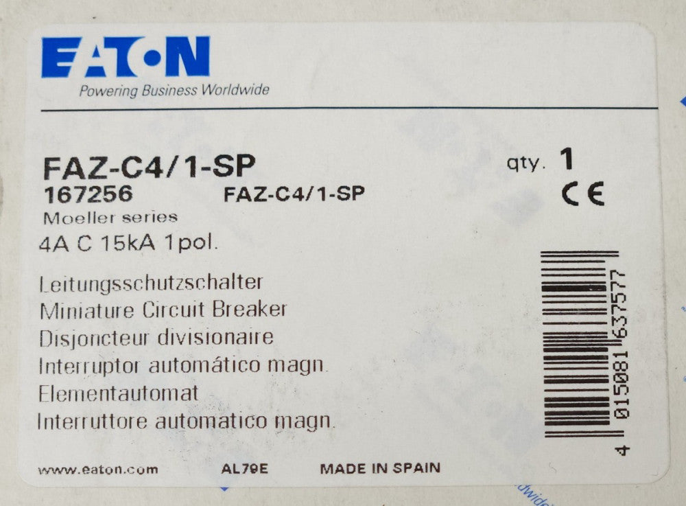 EATON MOELLER FAZ-C4/1-SP Single Pole 4 AMP Supplementary Protector Breaker FAZ