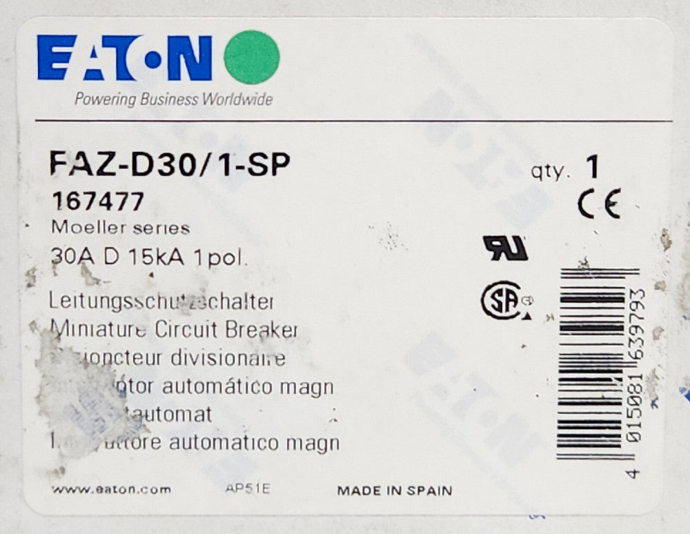 EATON MOELLER FAZ-D30/1-SP Single Pole 30 AMP 277 VAC Miniature Circuit Breaker