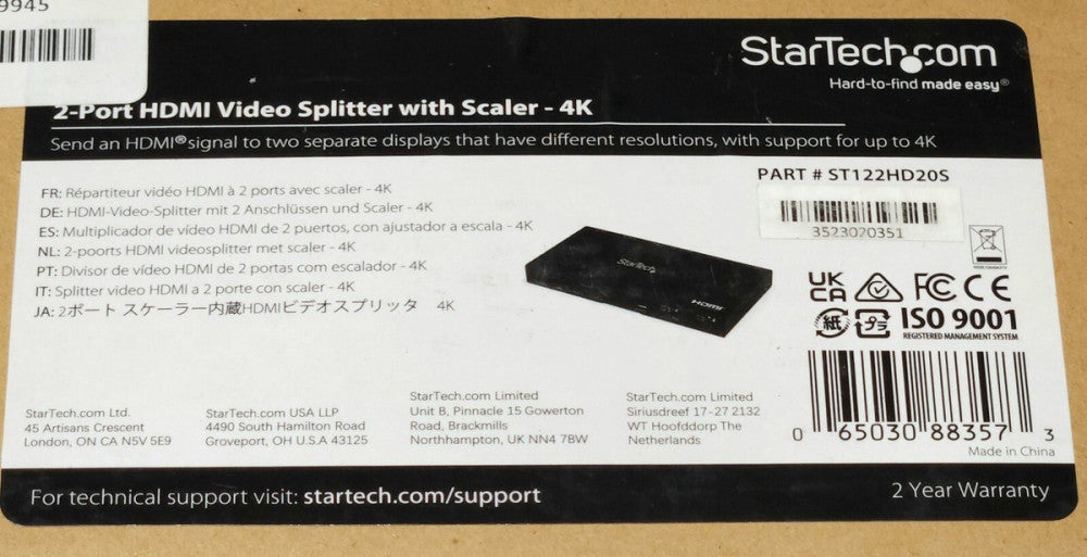 STARTECH ST122HD20S 2 PORT HDMI Video Splitter with Scaler 4K