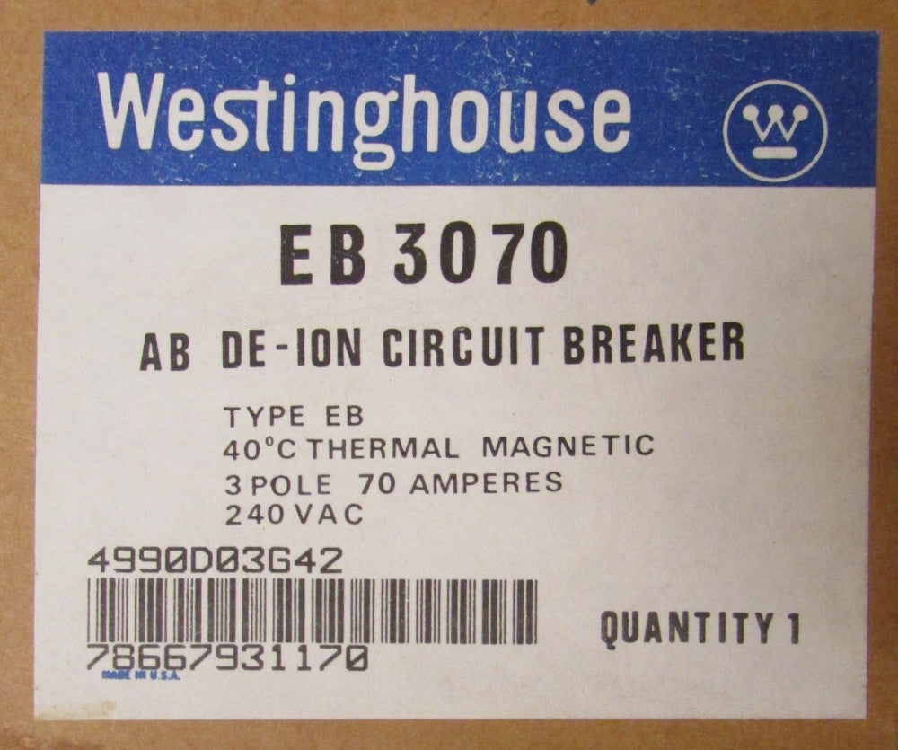 WESTINGHOUSE EB3070 Type EB Circuit Breaker 3 Pole 70 Amp 240VAC