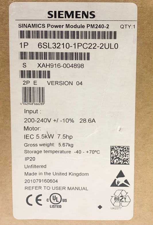 SIEMENS 6SL3210 1PC22 2UL0 SINAMICS PM240-2 7.5 HP Motor Drive 200-240 VAC 