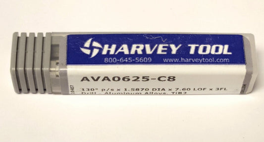HARVEY TOOL AVA0625 C8 130° P/S X 1.5870 DIA X 7.60 LOF X 3FL Metric Drill