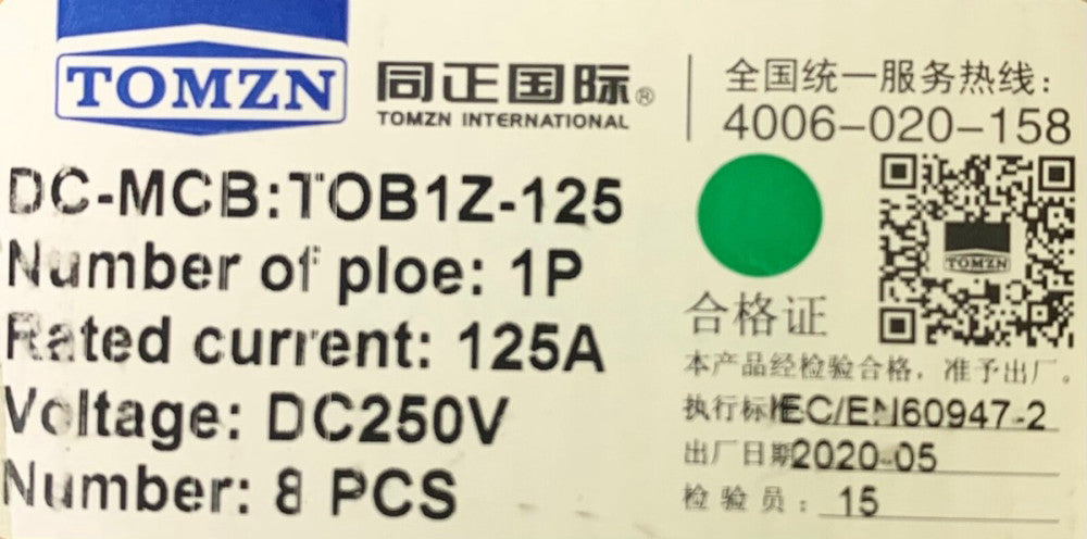 DC MCB TOBIZ 125 Single Pole 125 AMP 250 VAC CB 4006-020-158 EC EN60947-2