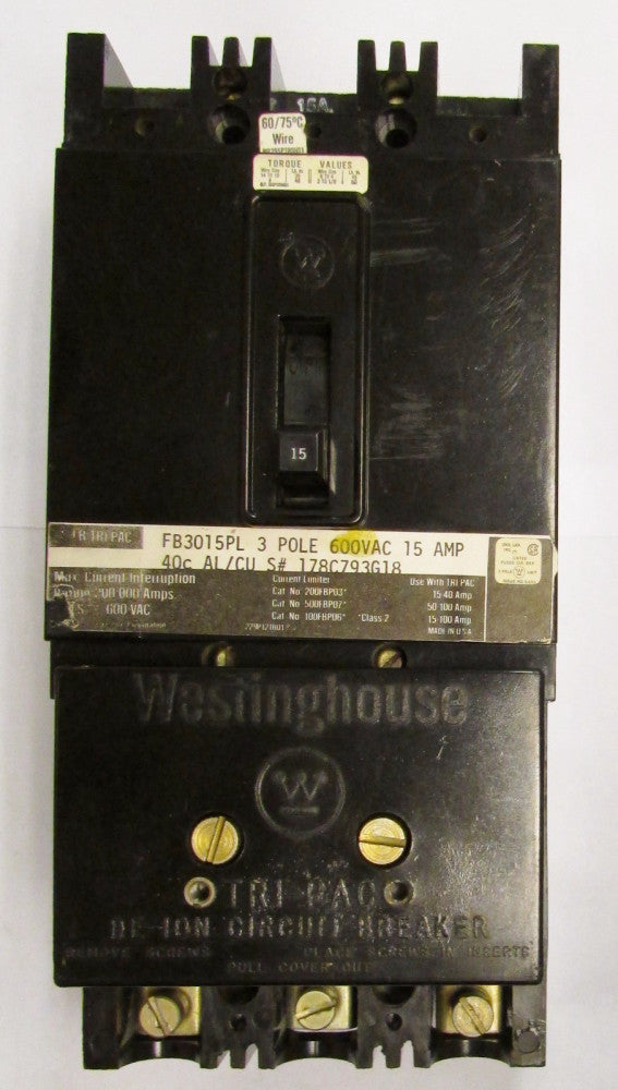 WESTINGHOUSE Type FB TRI PAC Circuit Breaker 3 Pole 15 Amp FB3015PL