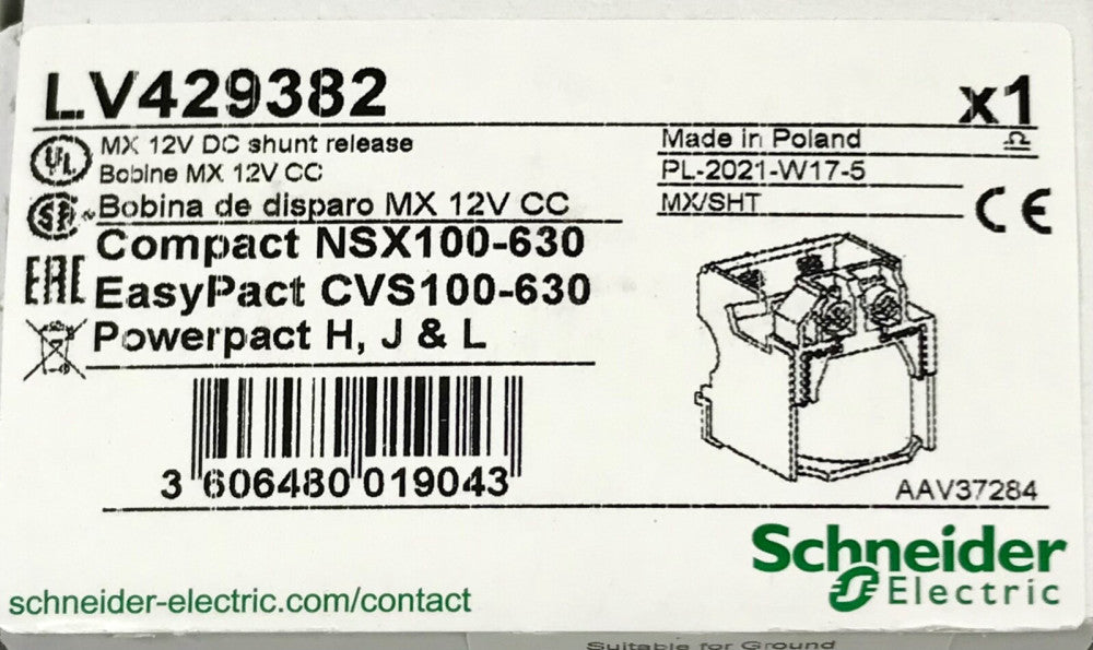SCHNEIDER ELECTRIC LV429382 Compact NSX100-630 12VDC Shunt TRIP Release Easypact