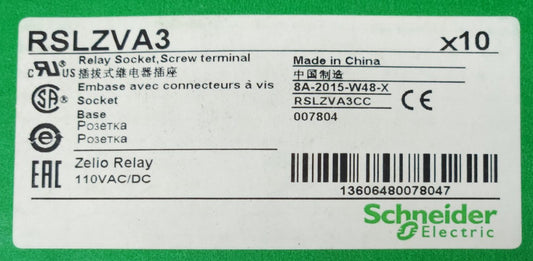 BOX OF 10 SCHNEIDER ELECTRIC RSLZVA3 ZELIO Relay Socket 110 VAC VDC Coil 60 VDC