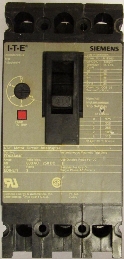 SIEMENS ED63A040 3 Pole 40 Amp ED6 ETI Motor Circuit Interrupter 