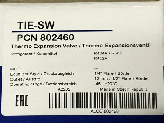 EMERSON TIE SW PCN 802460 Thermo Expansion Valve R404A R507 R452A 1/4” Flare