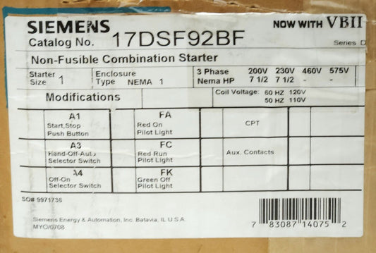 SIEMENS Combination Starter 120 VAC Size 1 14DS+32A Starter Nema 1 Enclosure