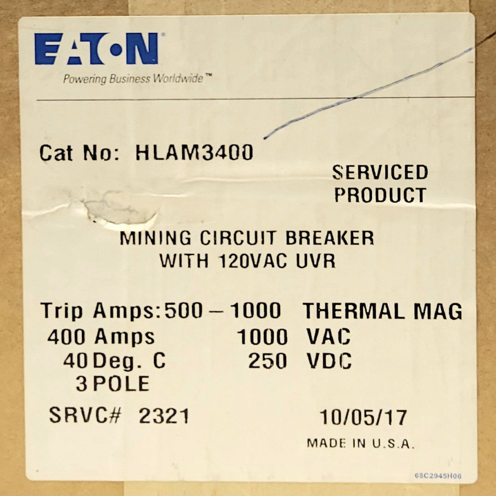 EATON CUTLER HAMMER HLAM3400 3 Pole 400 AMP Type HLAM MINING Circuit Breaker