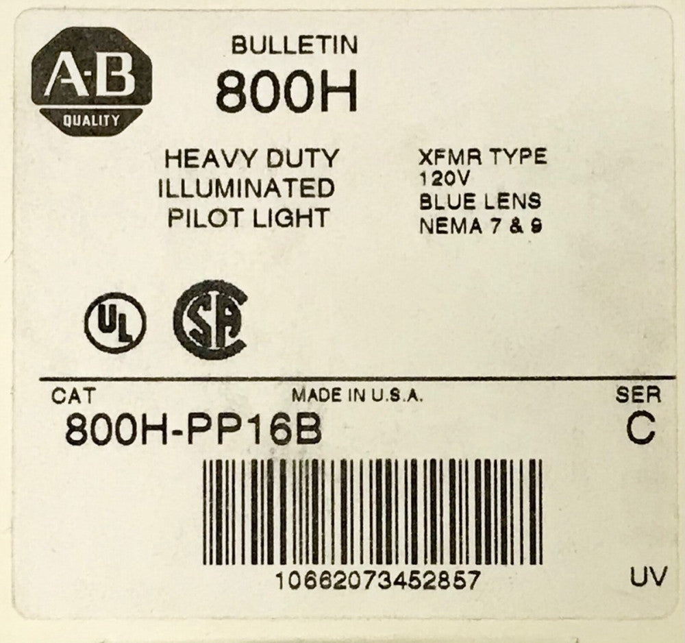 ALLEN BRADLEY 800H PP16B Heavy Duty BLUE Illuminated Pilot Light 120 VAC XFMR