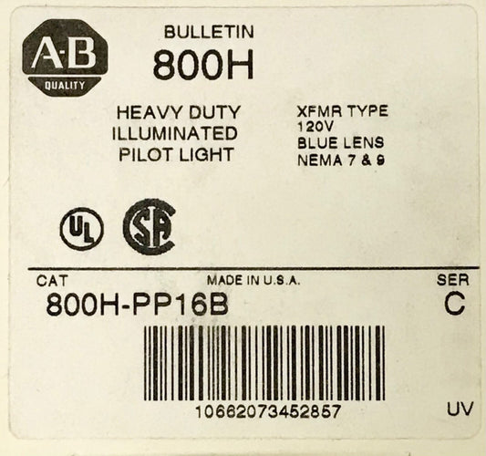 ALLEN BRADLEY 800H PP16B Heavy Duty BLUE Illuminated Pilot Light 120 VAC XFMR