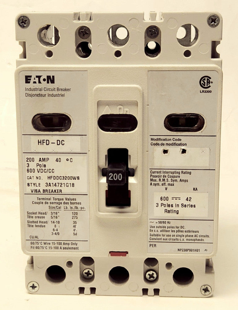EATON CUTLER HAMMER HFDDC3200WS 200 AMP HFD-DC Safety View Visa Breaker 3 Pole