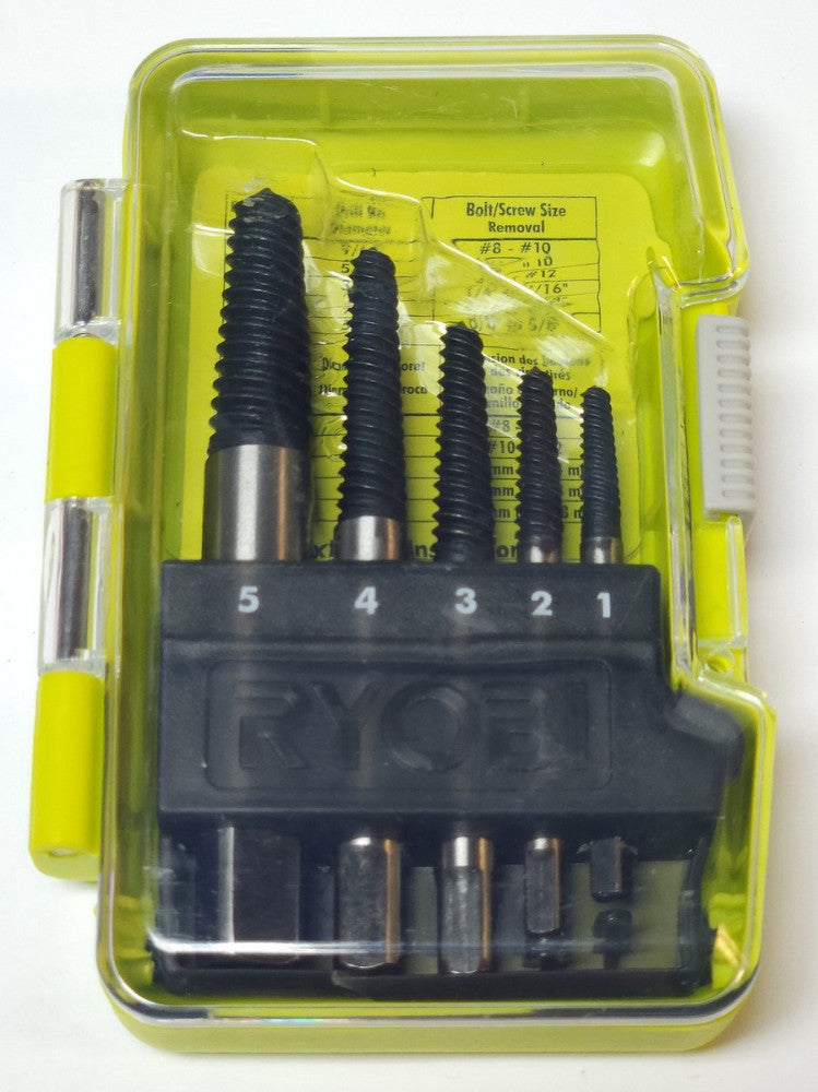 RYOBI A96SE51 5 Piece Bolt Screw Extractor Set #1-#5 9/64" 5/16" 3.57mm-9.94mm