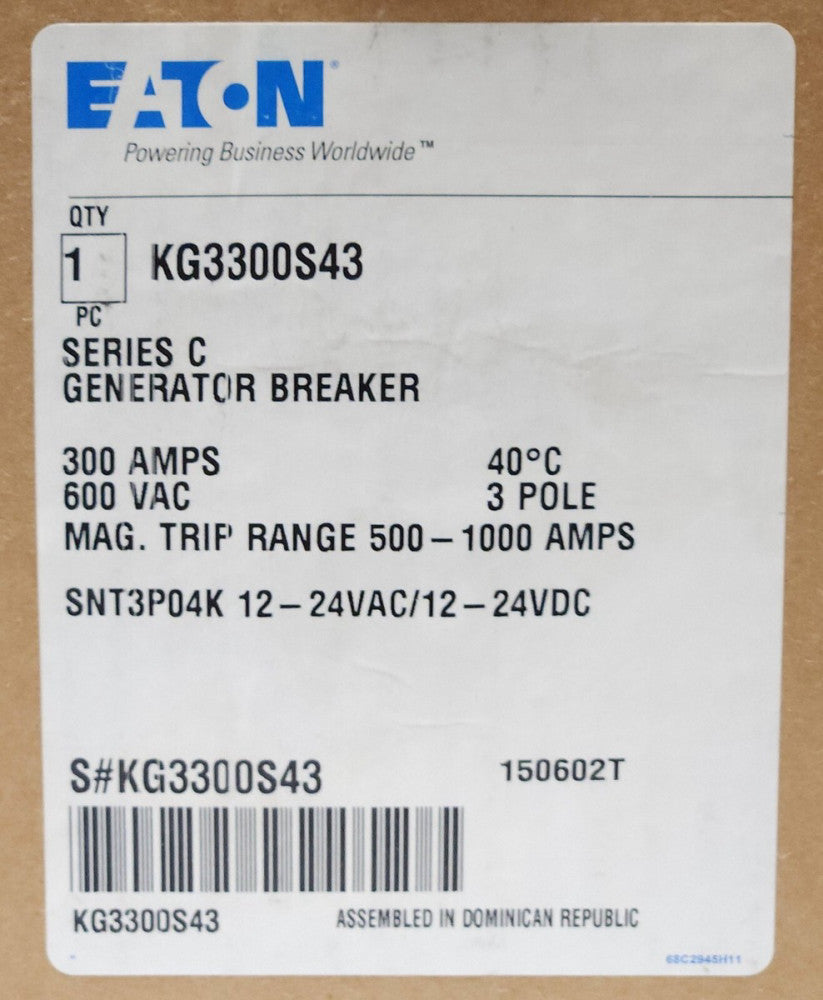 EATON CUTLER HAMMER KG3300S43 Type KG KG3300 Generator Breaker with 12-24 VAC DC