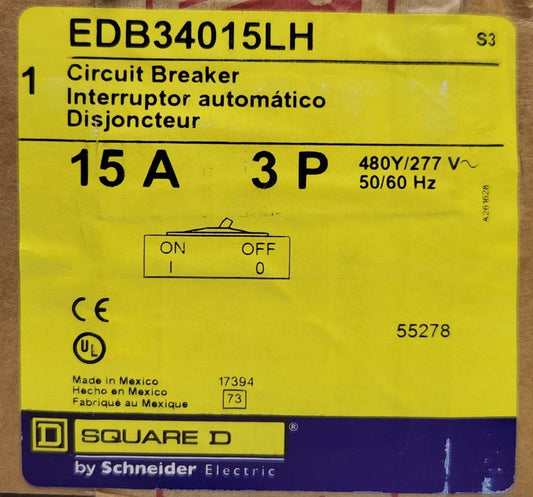 SQUARE D EDB34015LH 3 Pole 15 AMP Type EDB Circuit Breaker