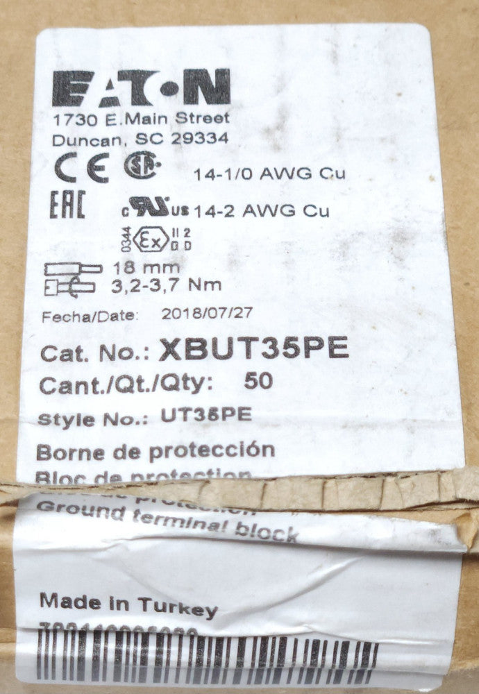 CASE BOX OF 50 EATON XBUT35PE Green/Yellow UT 35-PE Terminal Block 14-1/0 AWG CU