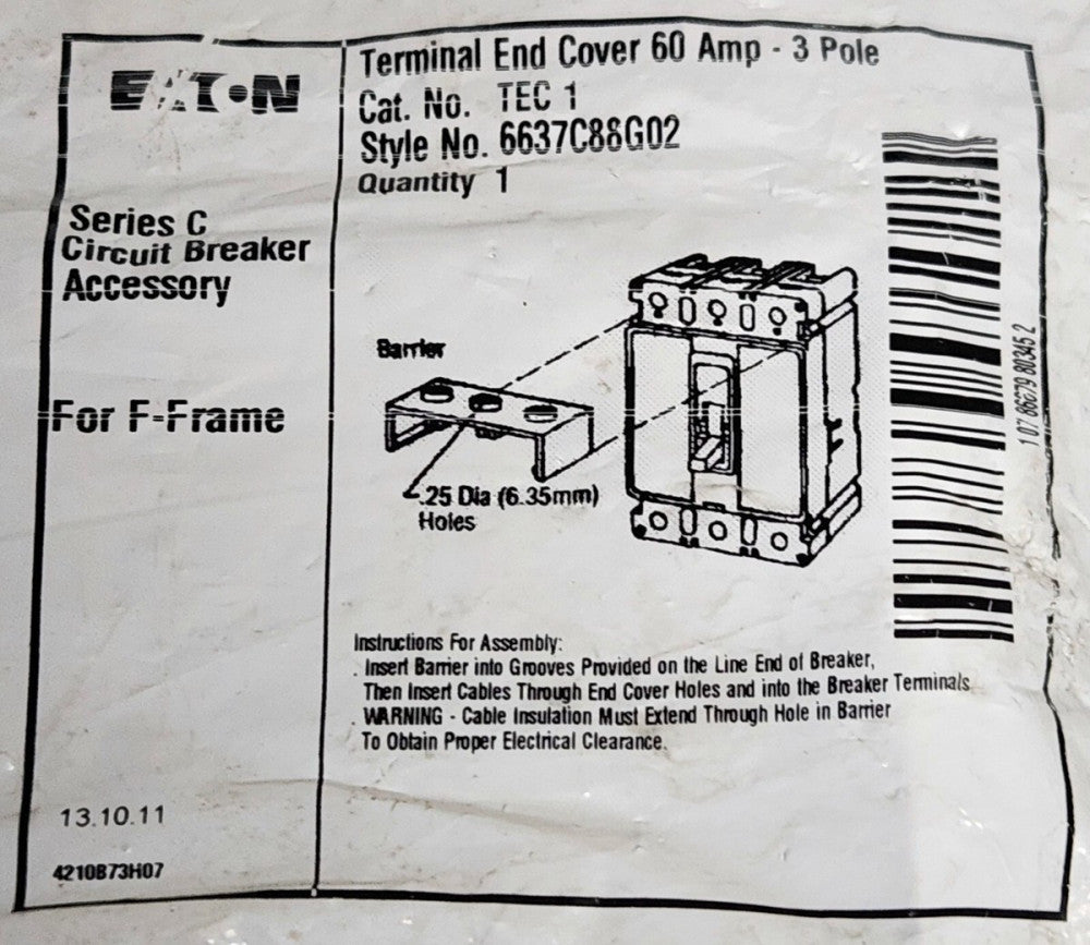 EATON CUTLER HAMMER TEC1 TEC 1 60 AMP F Frame Breaker Terminal End Cover