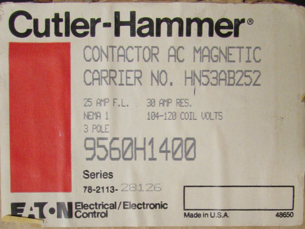 EATON CUTLER HAMMER 9560H1400 CARRIER HN53AB252 104-120VAC Contactor Nema 1 Encl