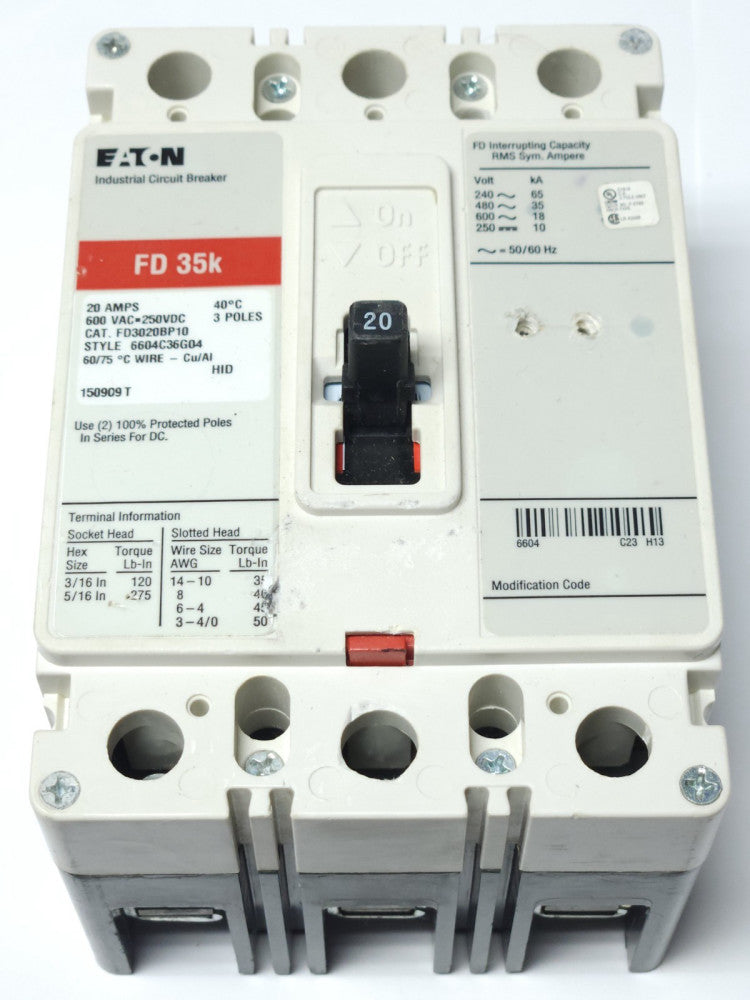 EATON CUTLER HAMMER FD3020 BP10 3 Pole 20 AMP Type FD Circuit Breaker