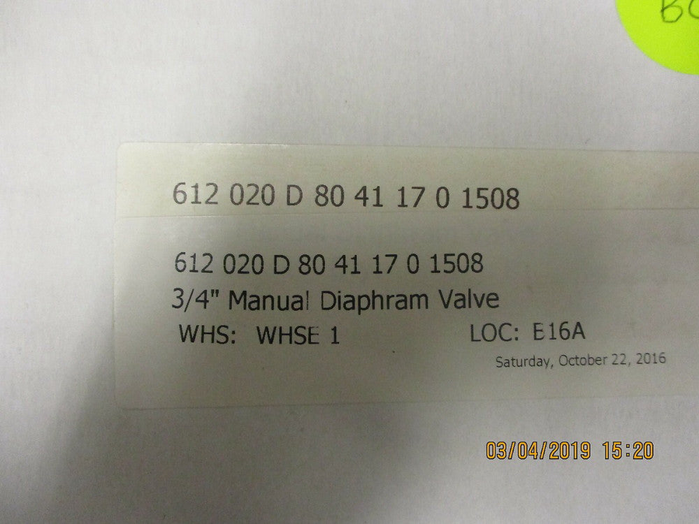 612 020 D 80 41 17 0 1508 Gemu 612 3/4" Diaphragm Valve 3/4"Tri-Clamp BRAND NEW!