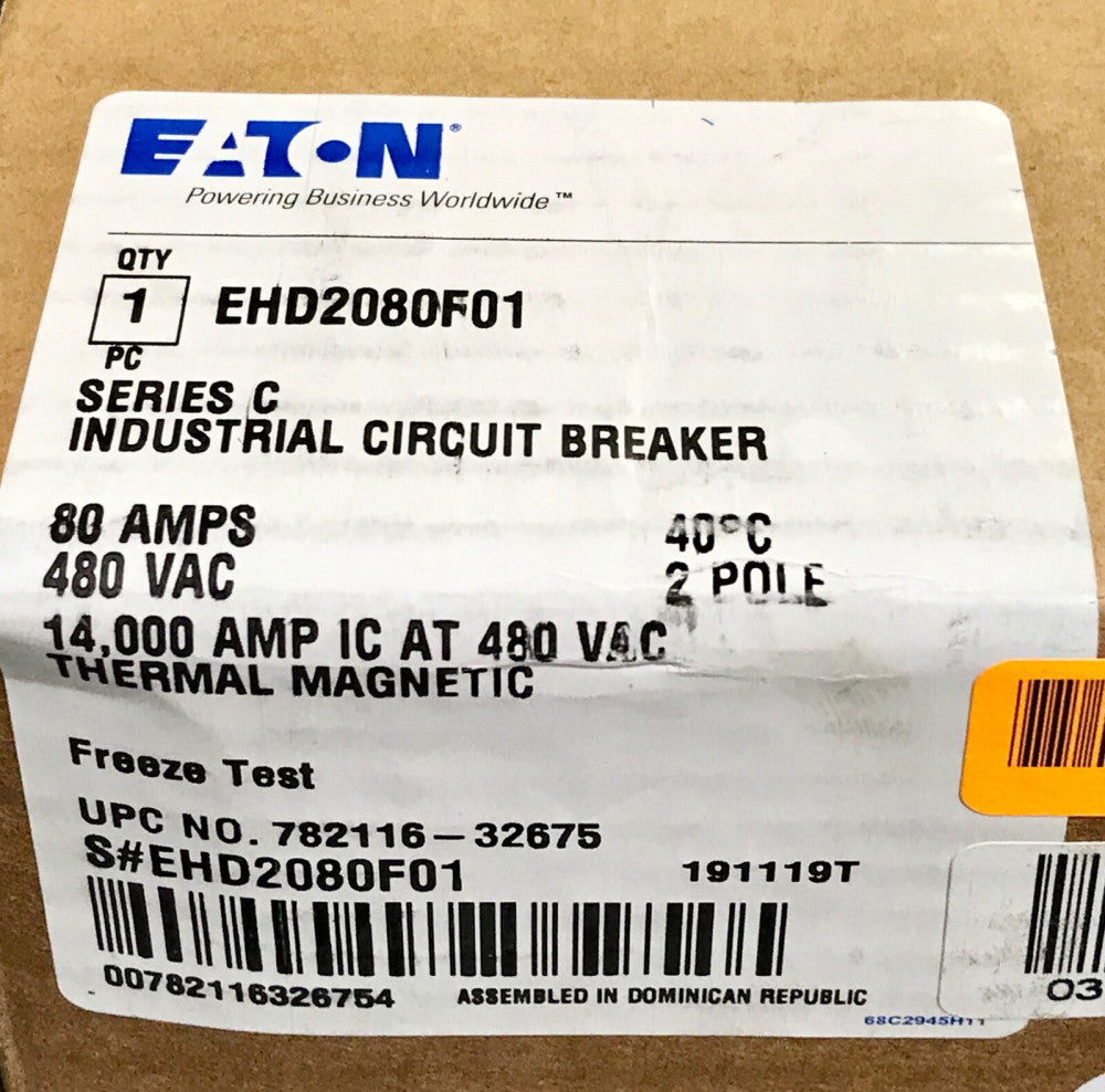 EATON CUTLER HAMMER EHD2080F01 2Pole 80AMP Freeze Tested Circuit Breaker EHD2080