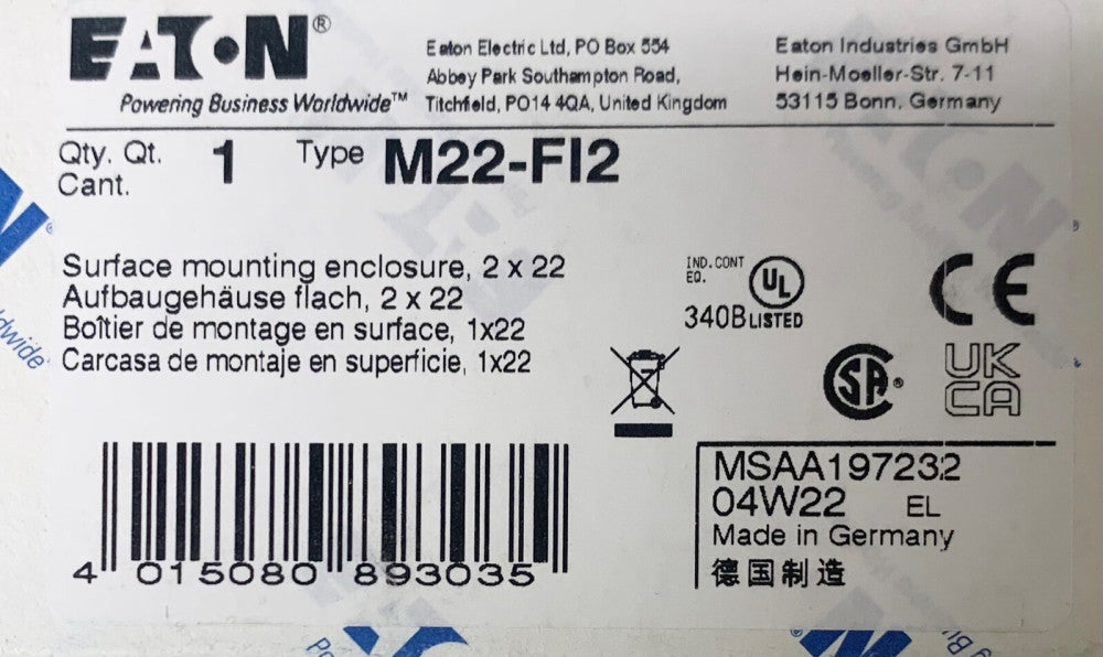 EATON MOELLER M22 FI2 Pushbutton Station Enclosure 2 Unit 22MM Suface Mount