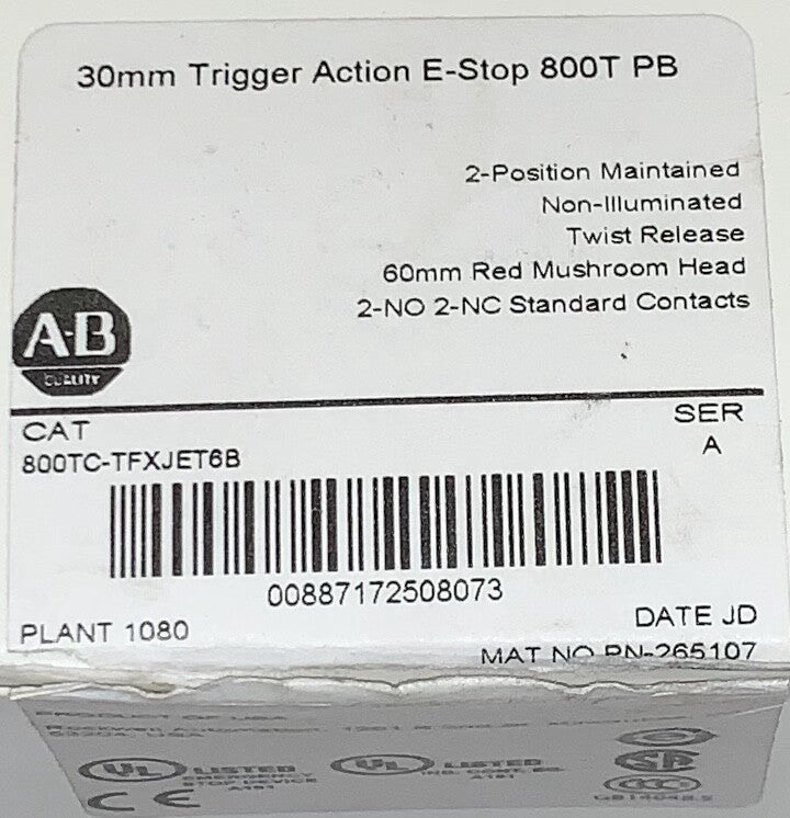 ALLEN BRADLEY 800TC TFXJET6B 30mm Trigger Action Emergency Stop 2 Pos Maintained