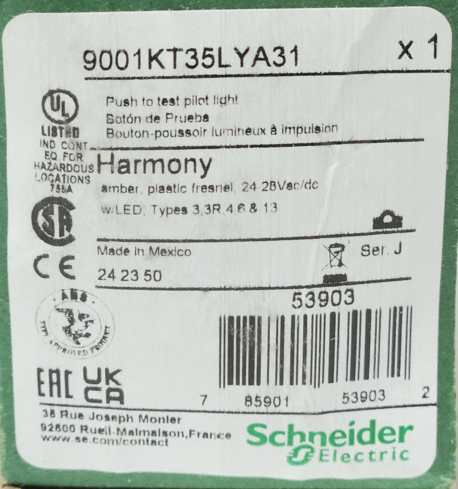 SCHNEIDER ELECTRIC 9001KT35LYA31 AMBER LED CLUSTER Push to Test Pilot Light Push
