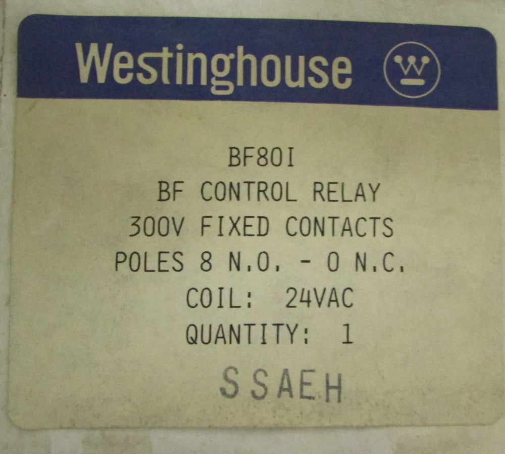 WESTINGHOUSE BF80I 8 Pole N.O. Contacts 300 V BF Control Relay 24 VAC Coil