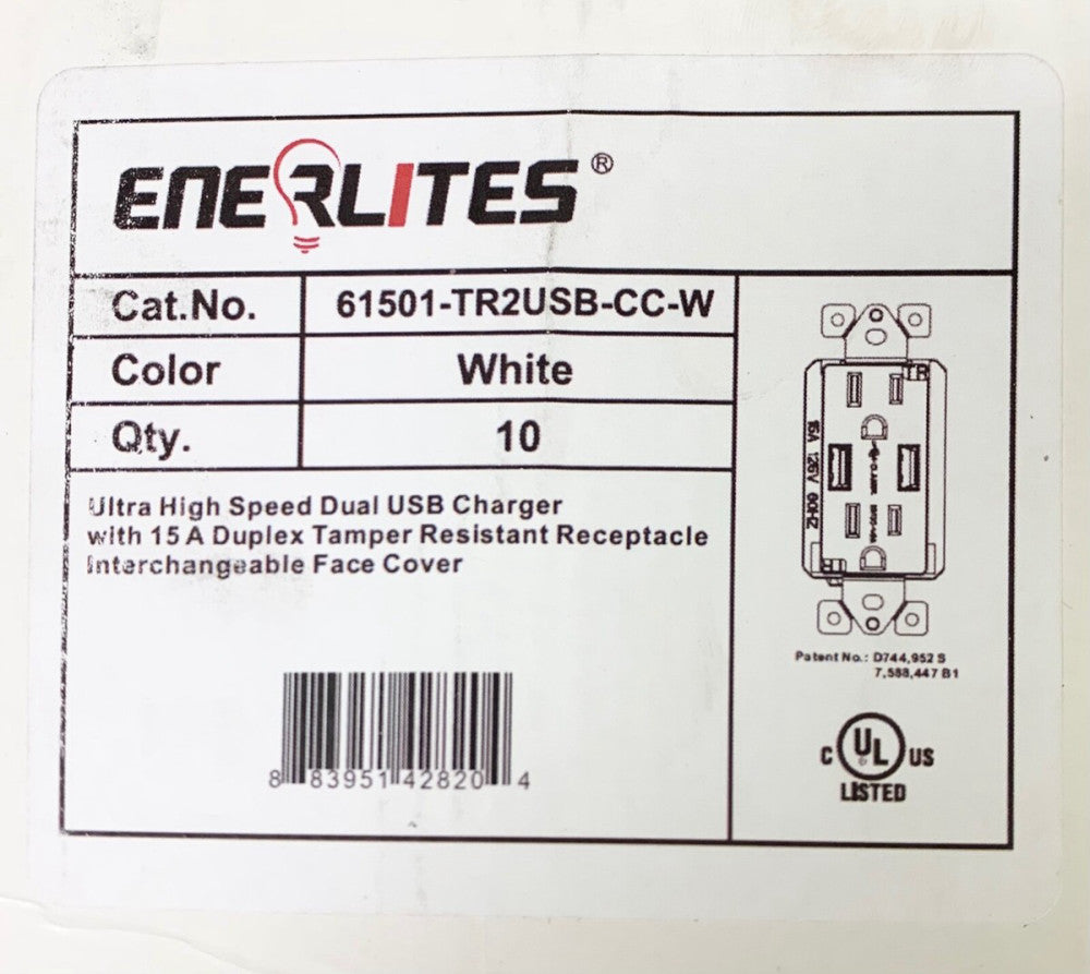 BOX OF 10 ENERCITES 61501 TR2USB CC W 15 AMP Duplex USB Receptacle Charger