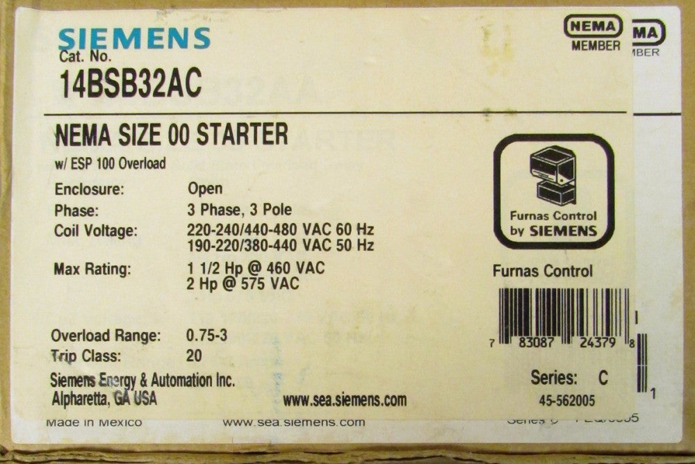 SIEMENS FURNAS 220/240V 460/480V Size 00 Dual Voltage Starter 14BSB32AC