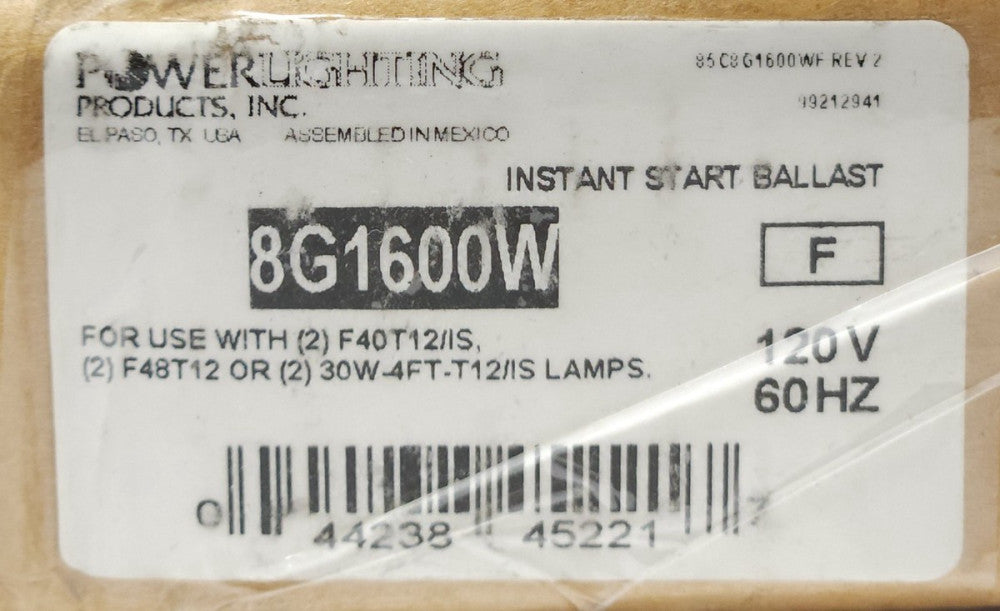 POWER LIGHTING PRODUCTS 8G1600W Bonus Line Ballast 120 VAC Instant Start 2 LAMP