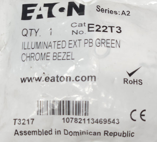 EATON E22T3 Illuminated Extended GREEN Pushbutton Chrome Bezel