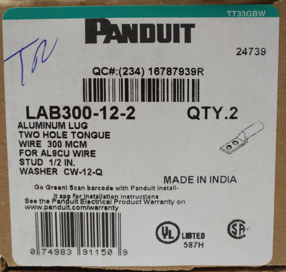 BOX OF 2 PANDUIT LAB300-12-2 AL ALUMINUM PADDLE LUG TWO HOLE 300 MCM AL9CU LAB30