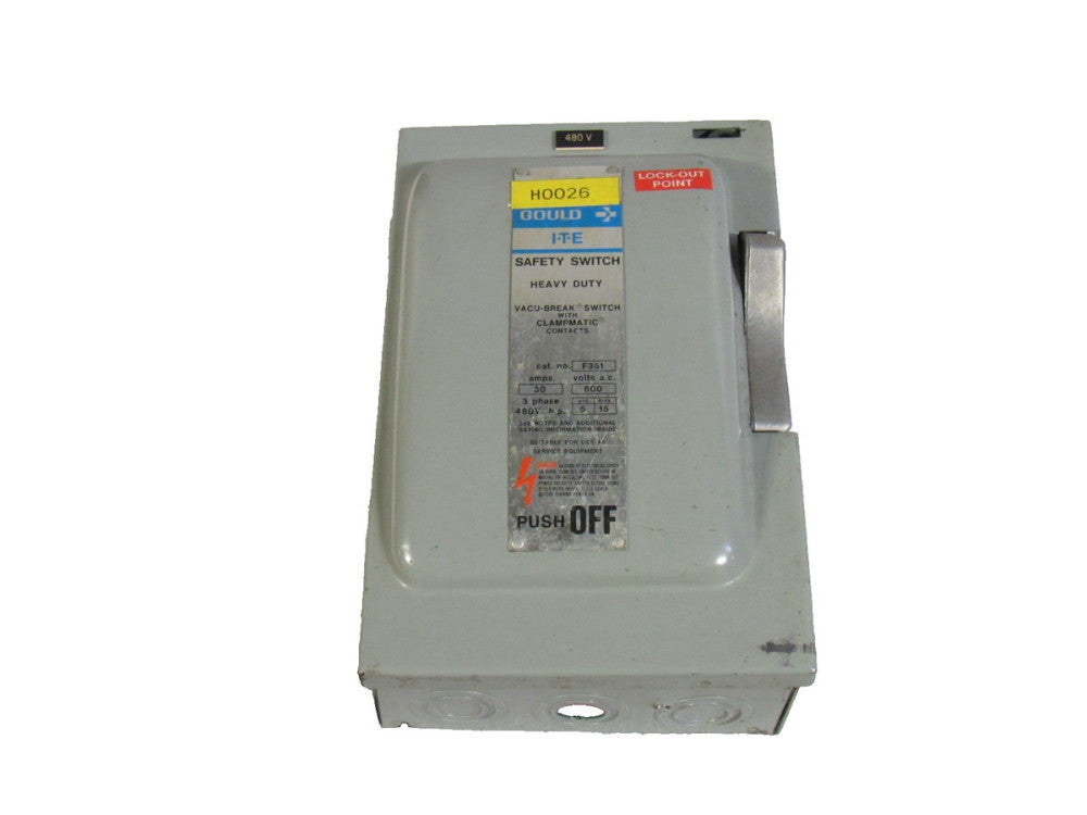 Gould ITE Fusible Heavy Duty Vacu-Break Safety Switch F351 30 A Amp 600Vac 3Ph
