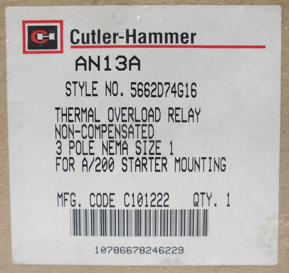 EATON CUTLER HAMMER AN13A 3 Pole Thermal Overload Relay A200 Size 1 5662D74G17 S