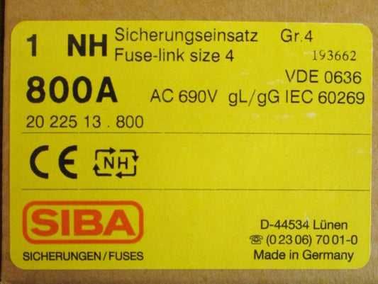SIBA NH 20 225 13 800 Ultra Rapid 690V 800 Amp Fuse