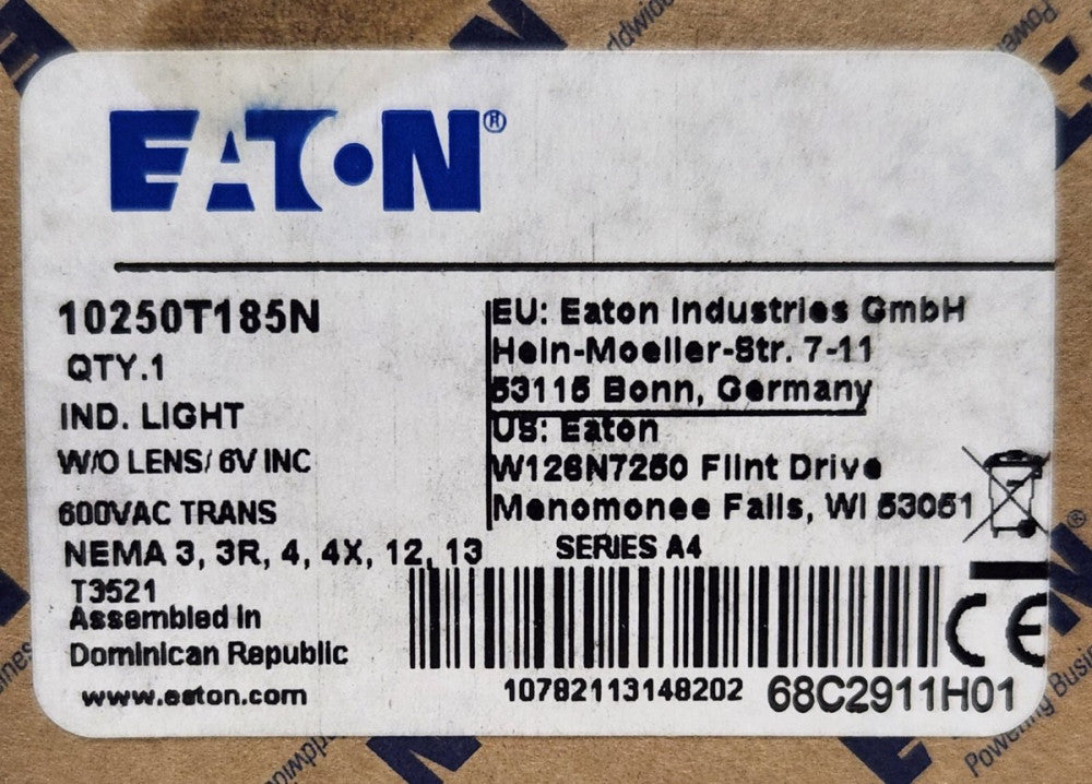 EATON CUTLER HAMMER 10250T185N 6.3 Volt 600 VAC Control Indicating Light
