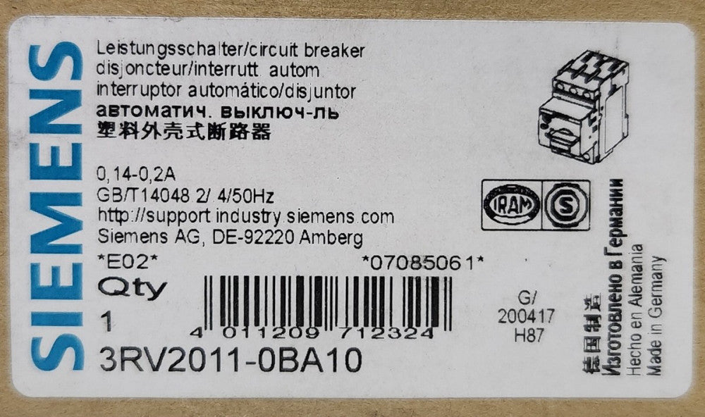 SIEMENS 3RV2011 0BA10 SIRIUS .14-0.2 AMP Manual Protector Circuit Breaker