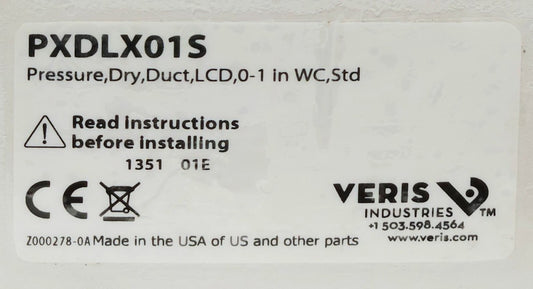 VERIS PXDLX01S Differential Pressure Transmitter DRY DUCT LCD 0-1" WC STD