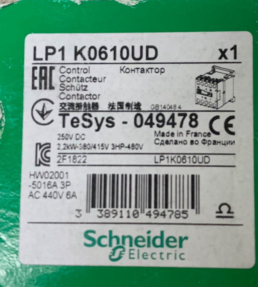 SCHNEIDER ELECTRIC LP1 K0610UD 250 VDC Control Contactor Tersys 049478