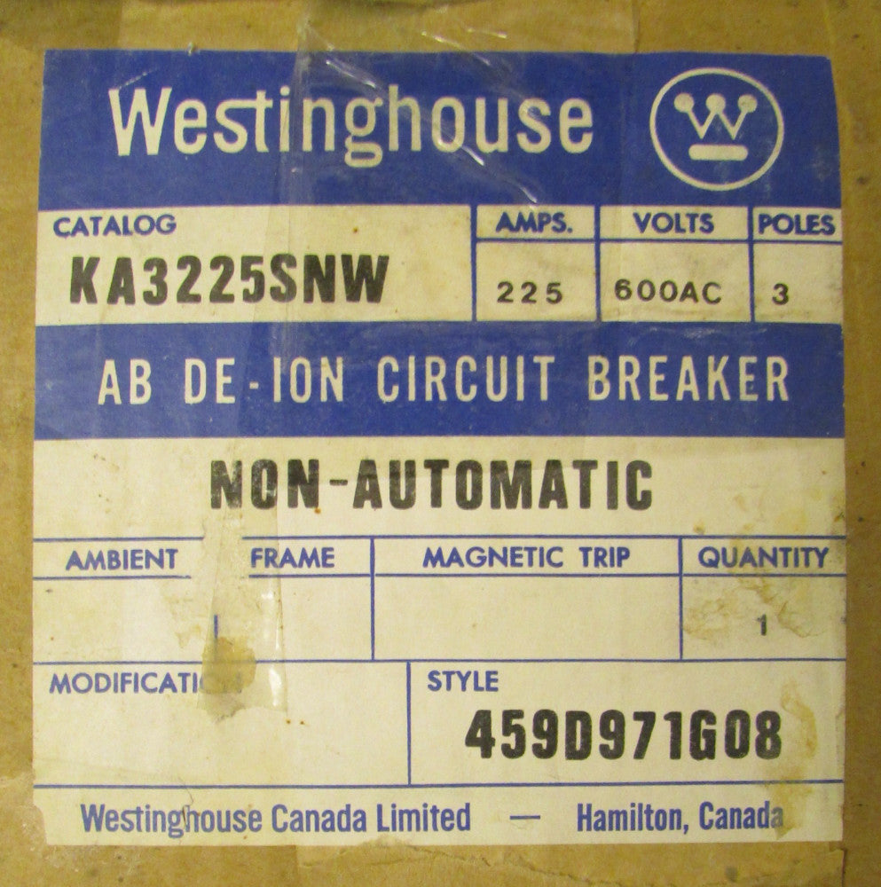 WESTINGHOUSE KA3225SNW 3Pole 225Amp KA Non Automatic Circuit Breaker 459D971G08