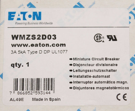 EATON CUTLER HAMMER Miniature Circuit Breaker 2 Pole 3 Amp WMZS2D03 