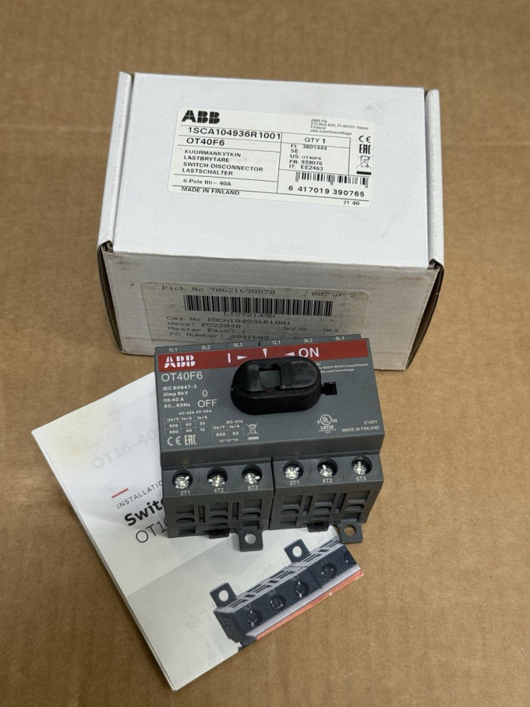 ABB 1SCA104936R1001 Disconnect Switch - 6-Pole, 40A 600VAC OT40F6 - New Unused